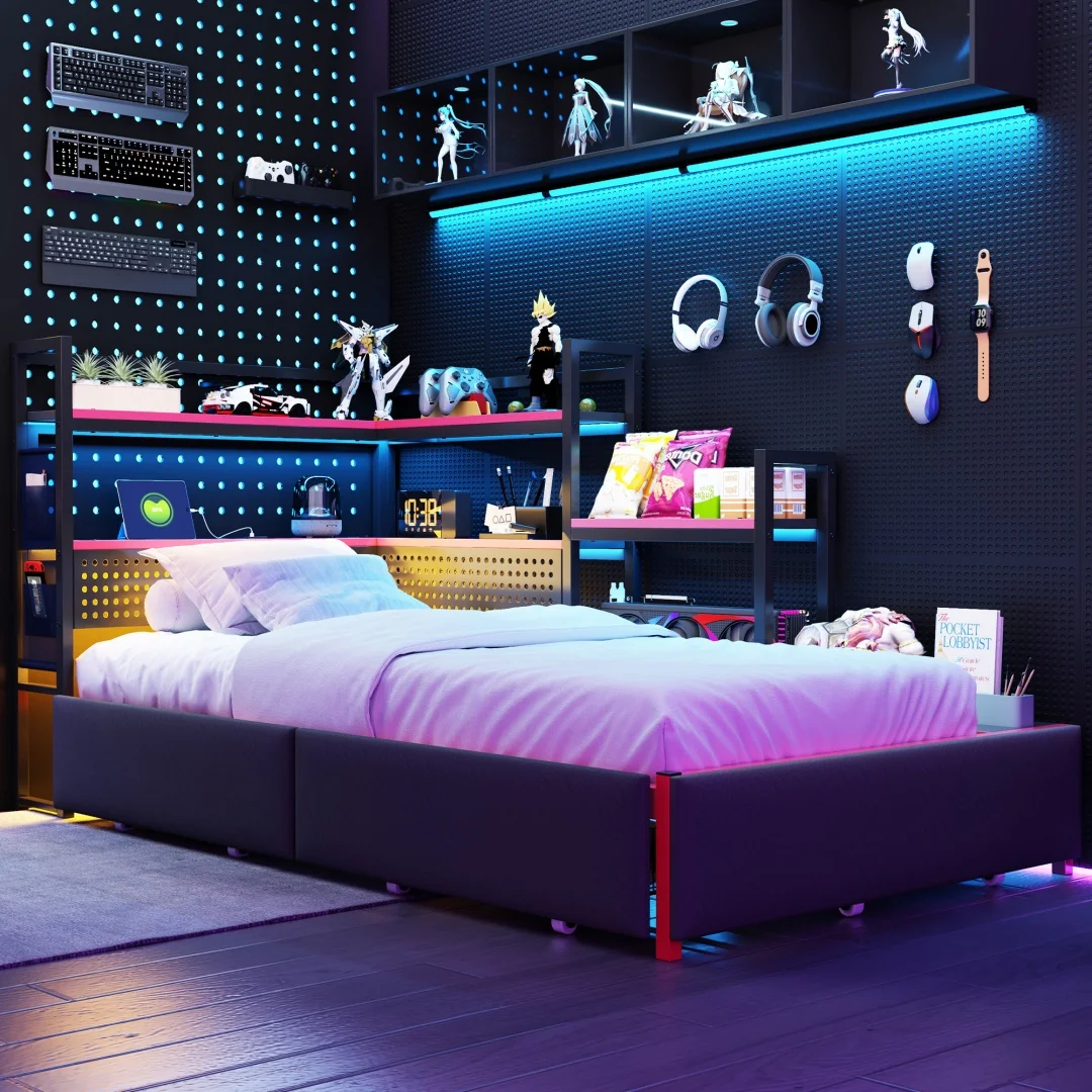Base de Cama Metálica Estilo Gaming con 3 Cajones, Iluminación LED, Puertos USB, Panel Perforado y Estantes Laterales – Cama Plataforma Resistente con Almacenamiento Inteligente para Habitaciones de Adolescentes y Adultos