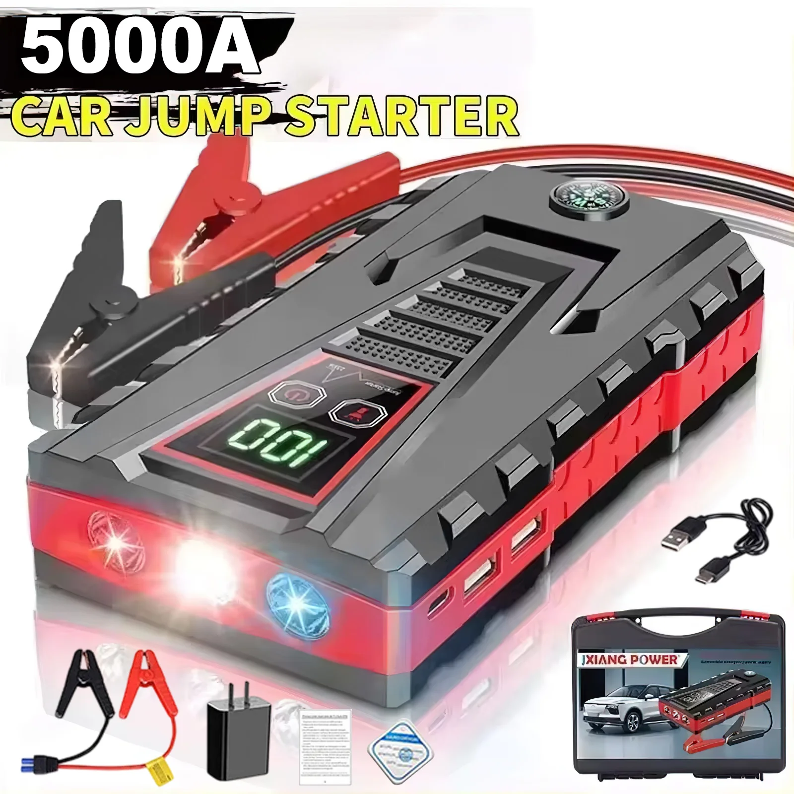 Avviatore di Emergenza per Auto 5000A, Power Bank Portatile, Booster Batteria Auto 12V, Dispositivo Ausiliario di Avviamento per Diesel e Benzina