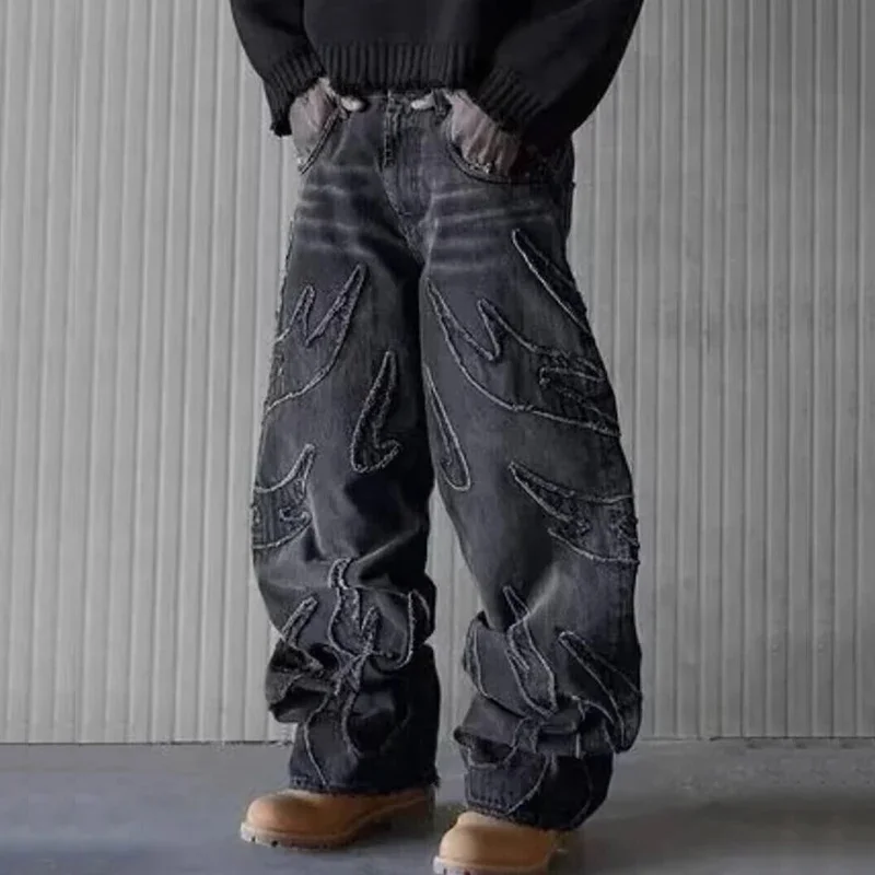 Nowe męskie luźne dżinsy Harajuku Moda Męskie Retro Estetyczne Streetwear Spodnie dżinsowe Graficzne haftowane spodnie dżinsowe z szerokimi nogawkami — zdjęcie 2