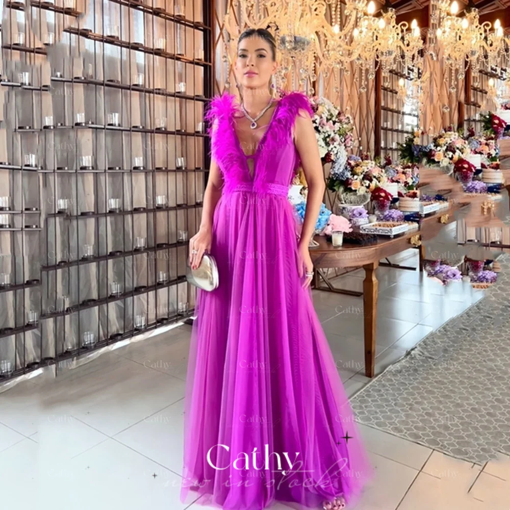 

Luxury Handmade Feather Neckline Design Prom Dress Tulle Party Dresses Sexy Sleeveless Maxi Vestidos De Noche فساتين السهرة