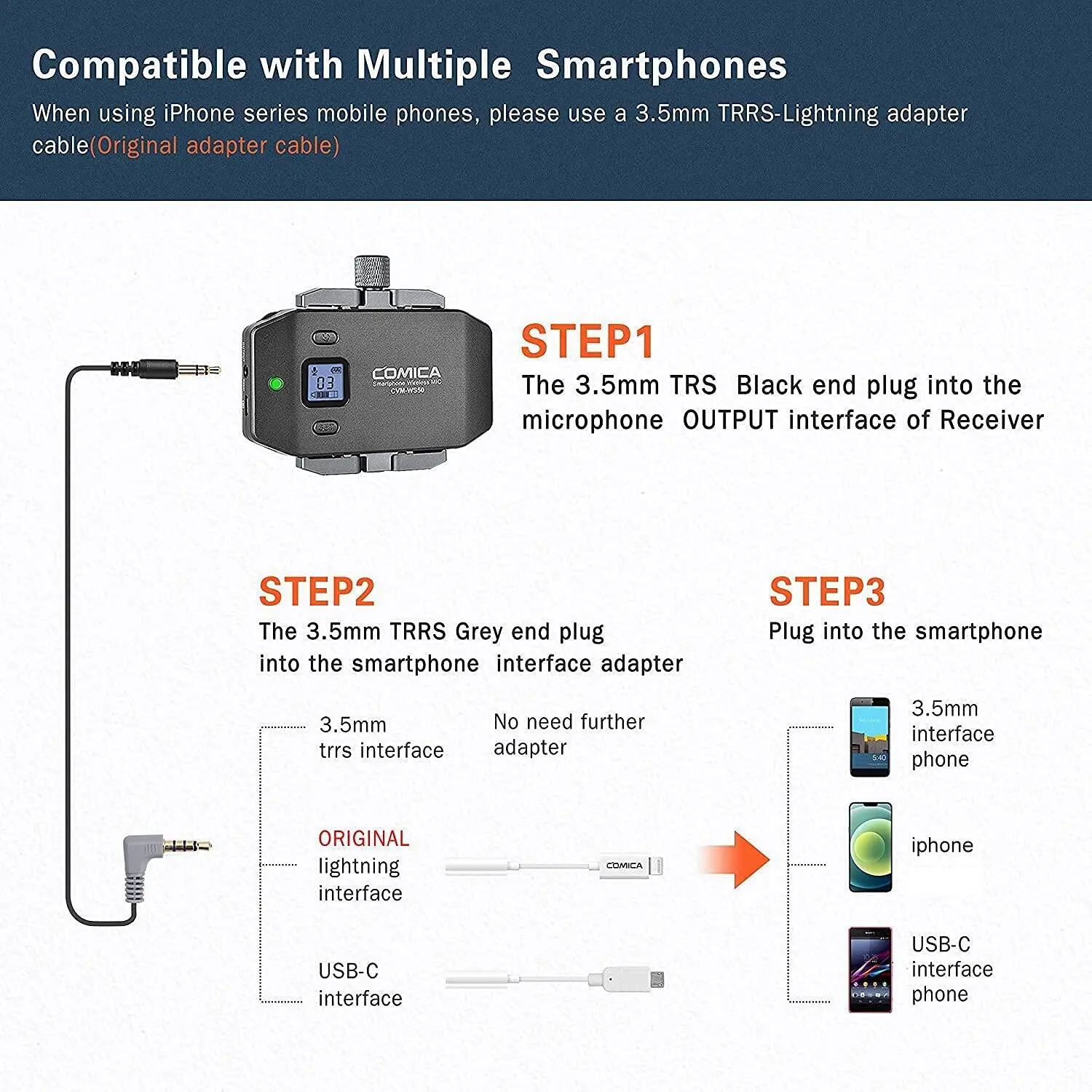 comica CVM-WS50C Microfone de lapela sem fio para smartphones - UHF Microfone de lapela sem fio de 6 canais para iPhone, microfone Android-Lav para vlogging, jornalismo móvel, transmissão ao vivo e muito mais