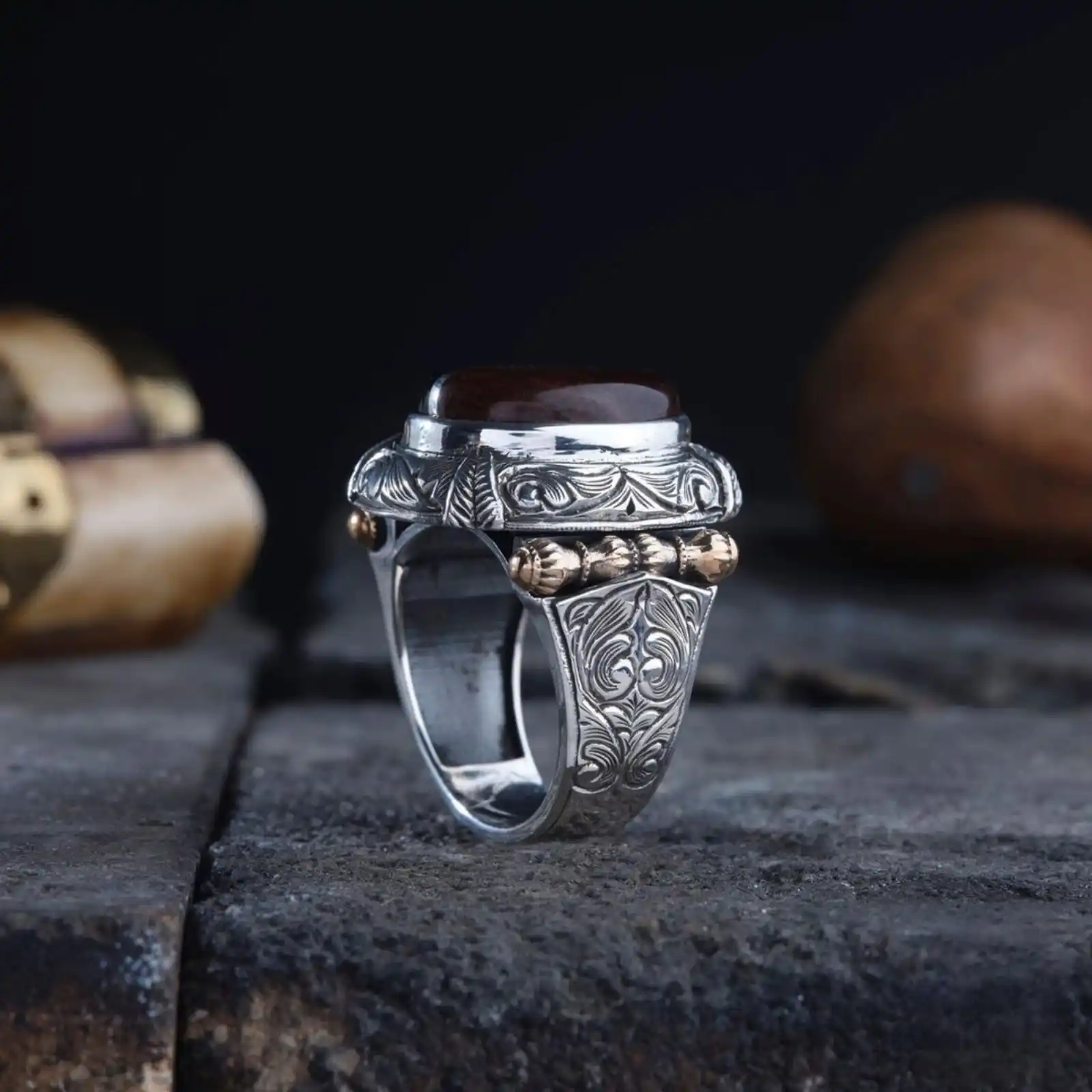 Handcrafted Silver Inlaid Men's Ring with Coca and Oltu Stone - Unique Splitting and Pencil Engraved Design