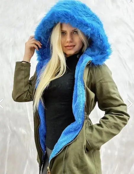 

HitDukkan Green Khaki Women's Coat Blue Sheepskin Plain 1234569719