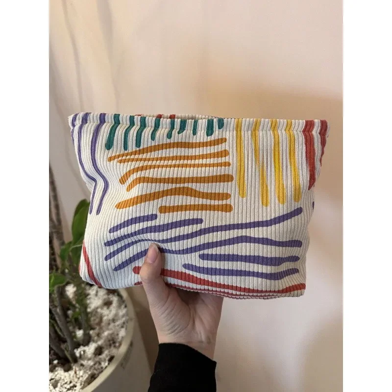 Sac à cosmétiques en velours côtelé à rayures colorées pour femmes, grand petit sac de rangement de maquillage, organisateur de voyage, sac de lavage à fermeture éclair et cordon de serrage, pochette