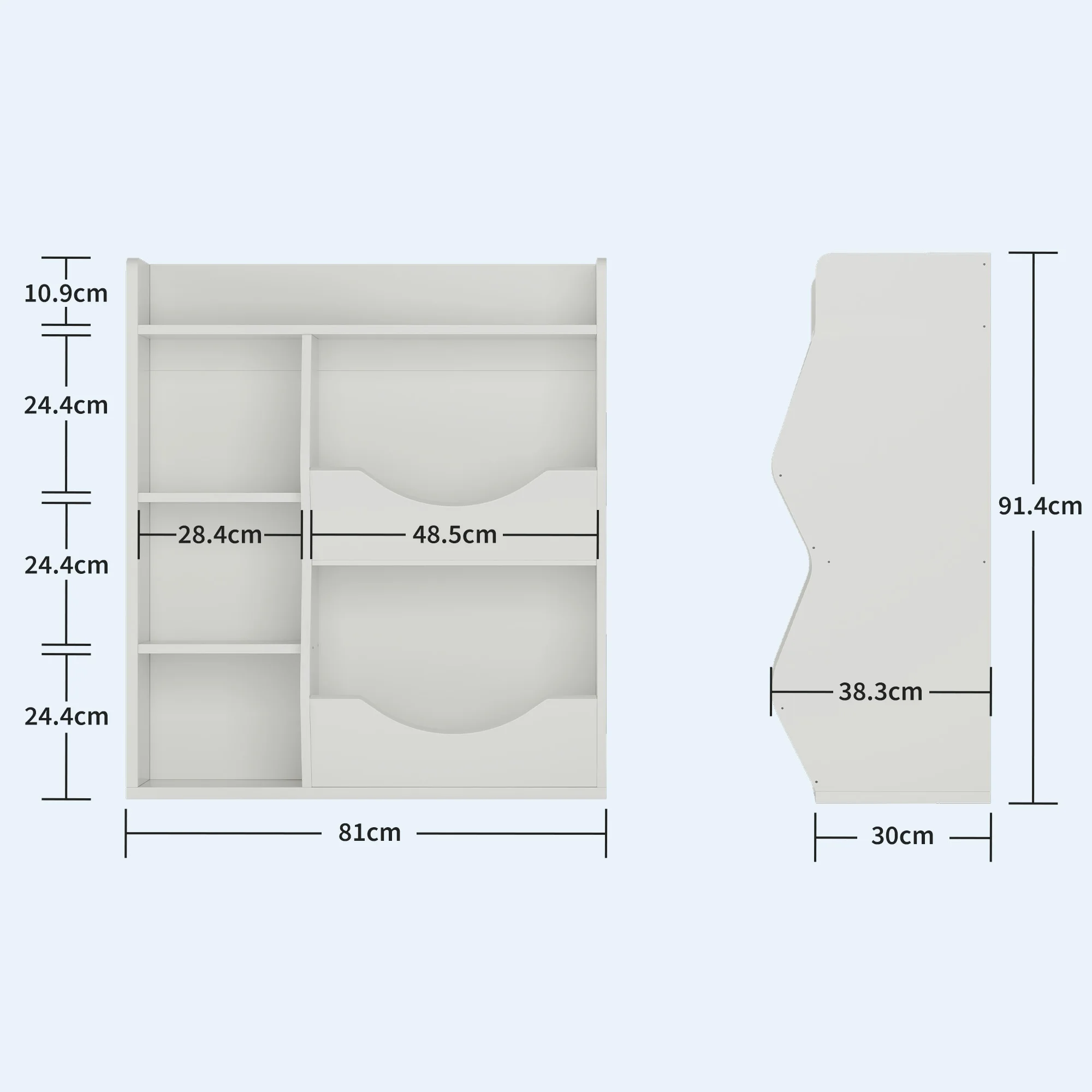 Speelgoedopbergkast, houten boekenplank met meerdere niveaus, linkerplank en rechterplank in golfvorm, speelgoedbakken, multifunctionele open boekenkast voor speelkamer, woonkamer, klaslokaal,