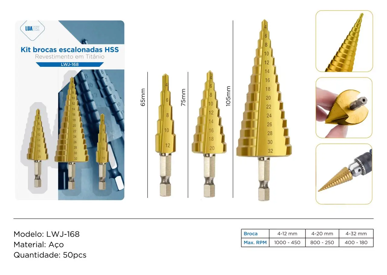Jogo 3 Broca Escalonada Titanio 3-12 4-20 -32mm