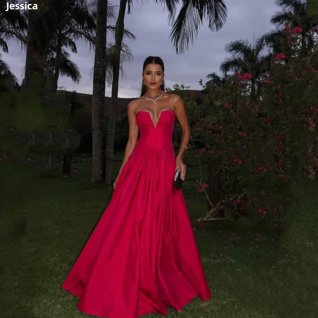 

Jessica Sweetheart Red Evening Dresses Sexy Off-shoulder V-neck Prom Dresses A-line Taffeta Vestidos De FiestaCustomized