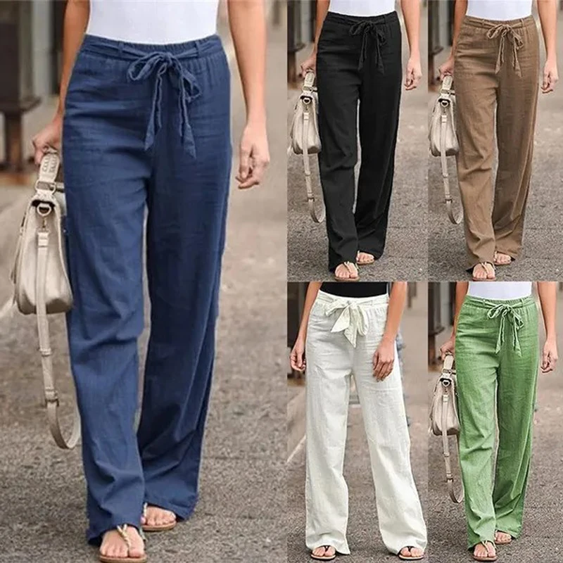 Pantaloni estivi in cotone e lino da donna in vita elastica Pantaloni larghi oversize alla caviglia a vita alta Pantaloni casual in tinta unita