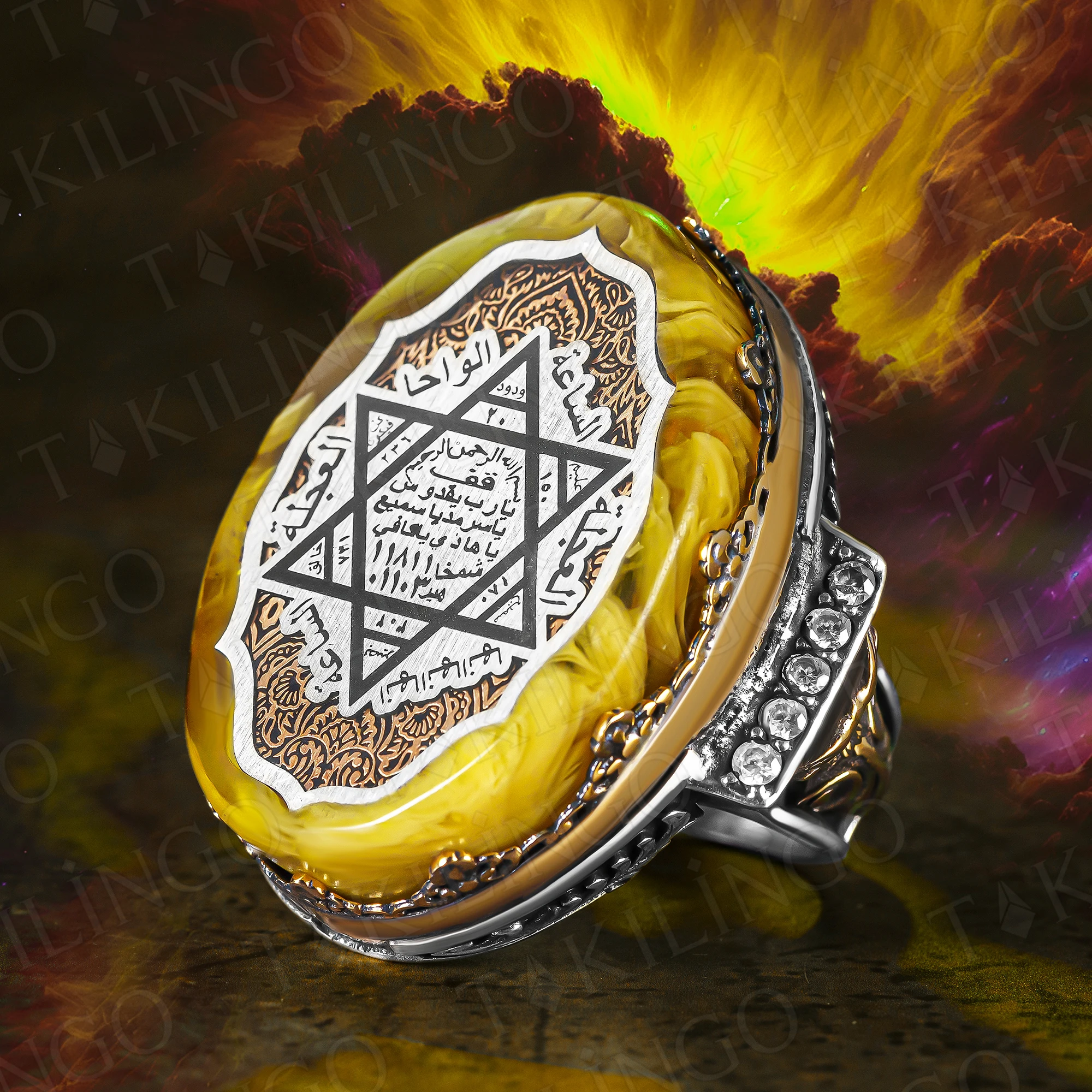 925 Sterling Silver Huge Seals of The Seven Archangels Amber Stone Mens Ring, Huge Seal Of Solomon Kabbalah Ring,Amulet Ring