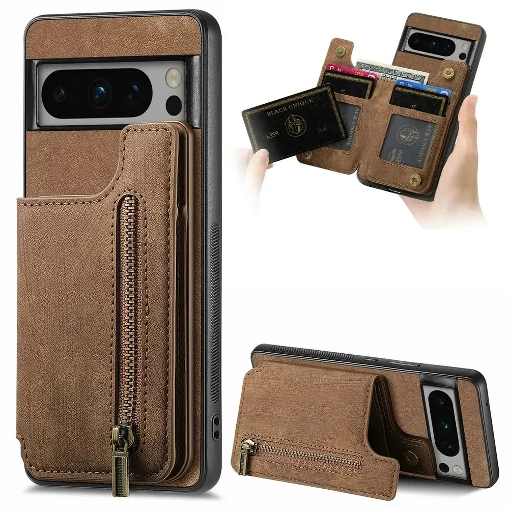 Skórzane etui z zamkiem błyskawicznym do Google Pixel 11 10 9 8A 5G, portfel na karty, etui na telefon Pixel 9 Pro XL, Pixel 9A 8A 7A 6A 7 8, tylna obudowa. — zdjęcie produktu 7