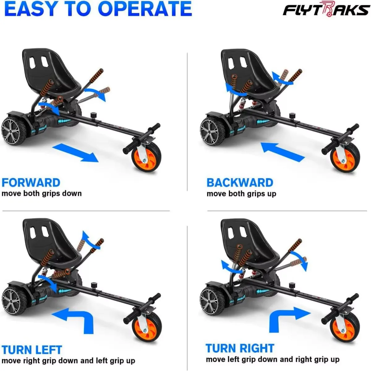 Self Balancing Scooter Go Kart Attachment with Rear Shock Absorption, Hoverboard Seat Accessory Compatible with 6.5" 8" 10" Hoverboards (Hoverboard Not Included), 265 lbs Capacity, Adjustable Frame, 360° Drifting Capability