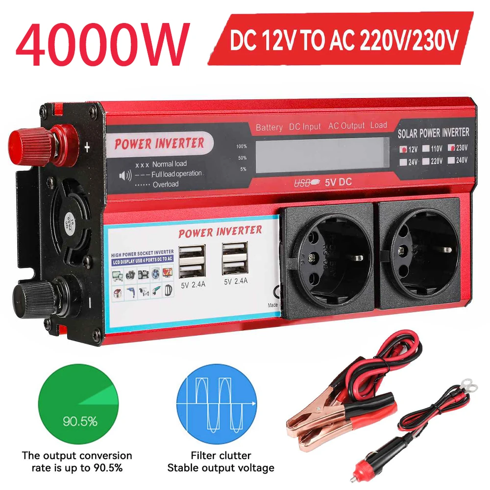 Inversor de Corriente de 4000W 3000W, Transformador de CC 12V a CA 220V 230V con 4 Puertos USB y Enchufe Europeo, con Pantalla LED para Viajes y Camping