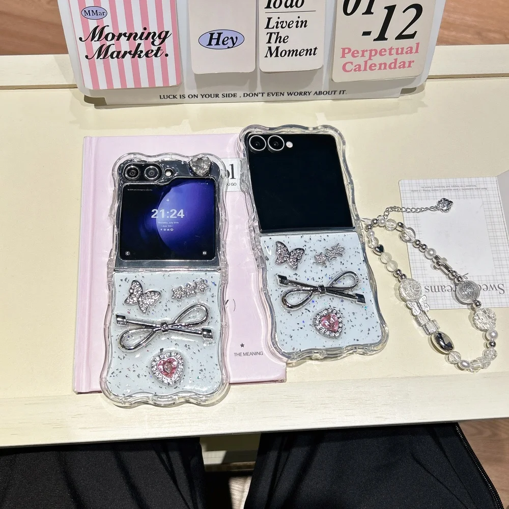 

Light luxury love pink diamond bow phone case, suitable for Samsung Z Flip3 4/5/6/7,South Korea INS shockproof protective case