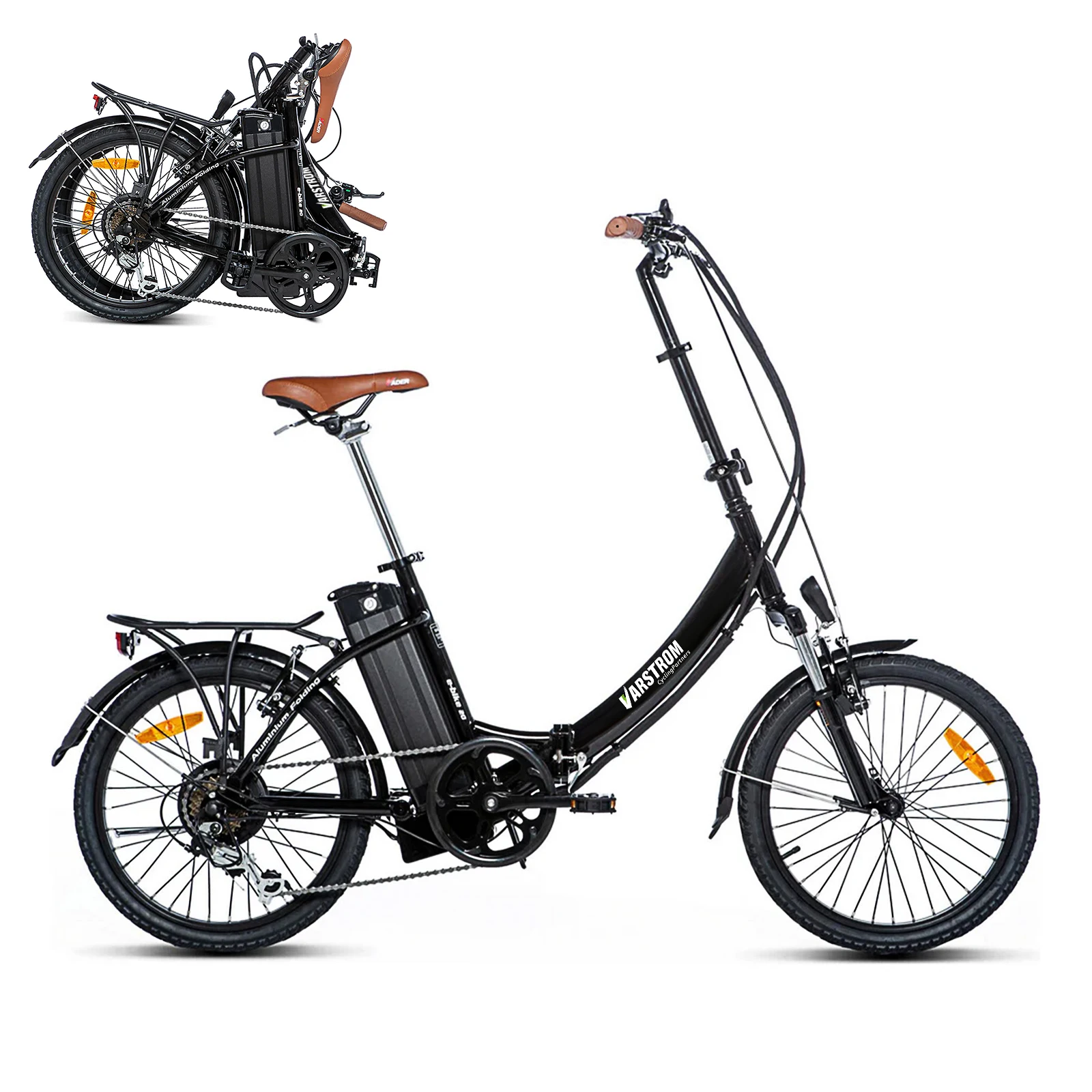Varstrom Faltbares E-Bike, 250W Bürstenloser Nabenmotor, 36V 16Ah, 25 km/h, 20 " 26 " 28 " Reifen, Federgabel, 7-Gang-Schaltung, 100 km Reichweite, E-Faltrad für Stadt- und Urban-Pendler