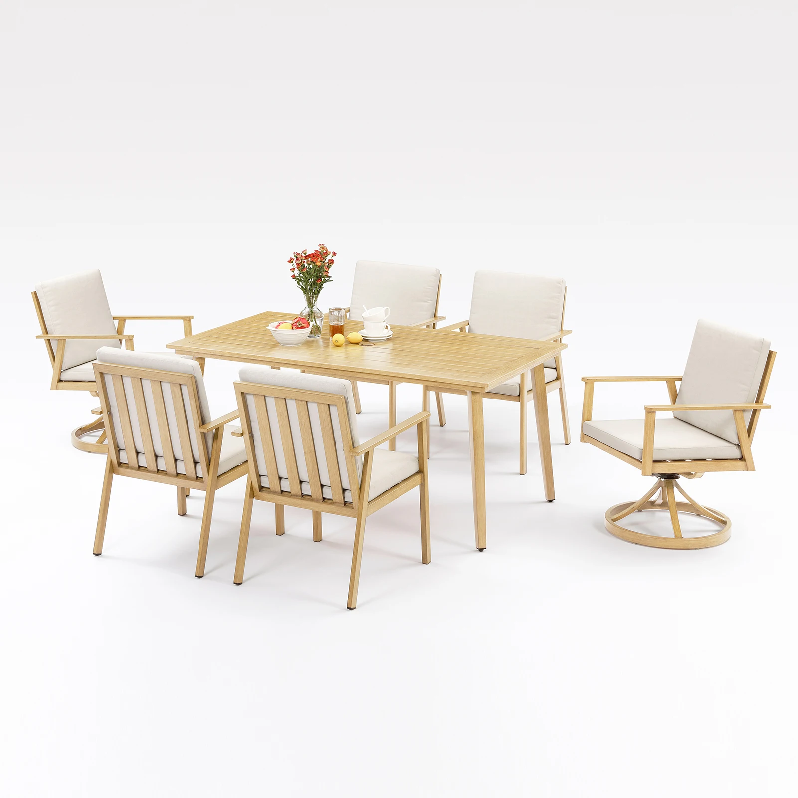 

SeeHill Обеденный набор для патио из 7 предметов на 6 человек, алюминиевый стол с 2 вращающимися стульями, уличная мебель из кленового дерева для террасы, сада