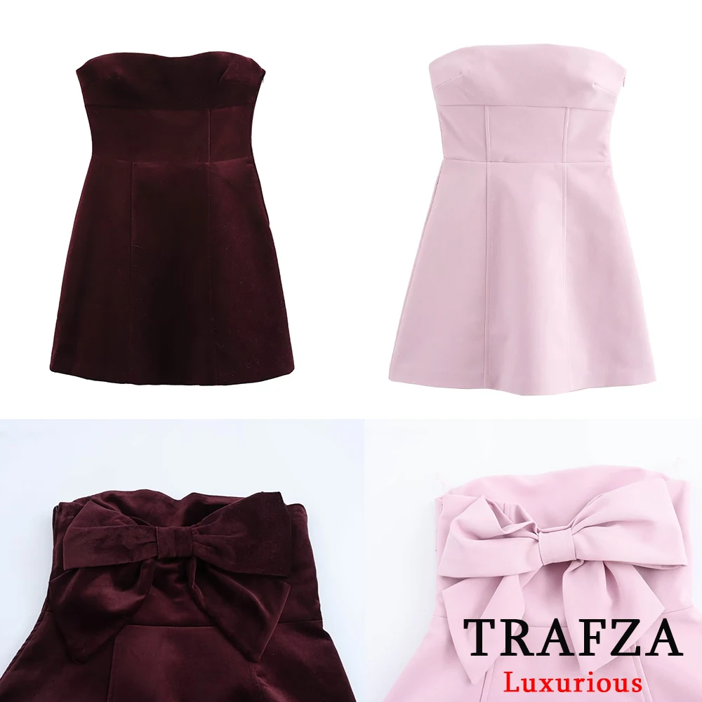 TRAFZA Sexy Chic Pink Women Dress Strapless Bow A-Line Mini Dress New Fashion 2024 Autumn Hotsweet Party Dress