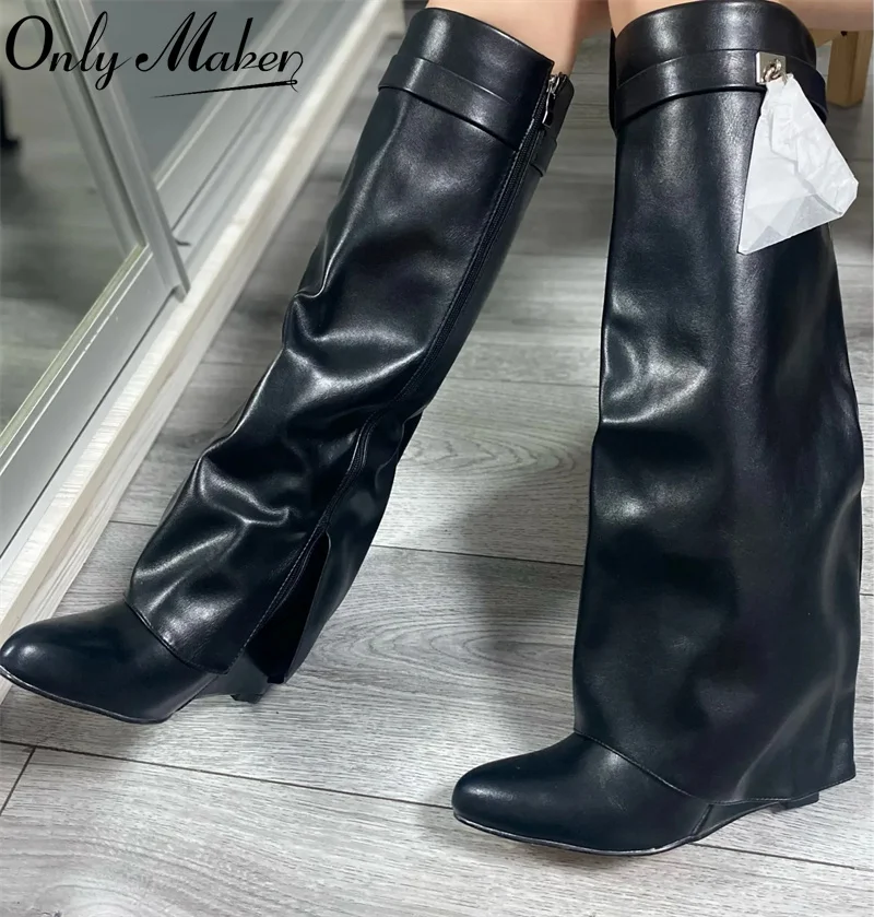 Onlymaker Women Shark Lock Pants Boots Women Wedge Brand Fold Knee High Heel Black Red Female Boots