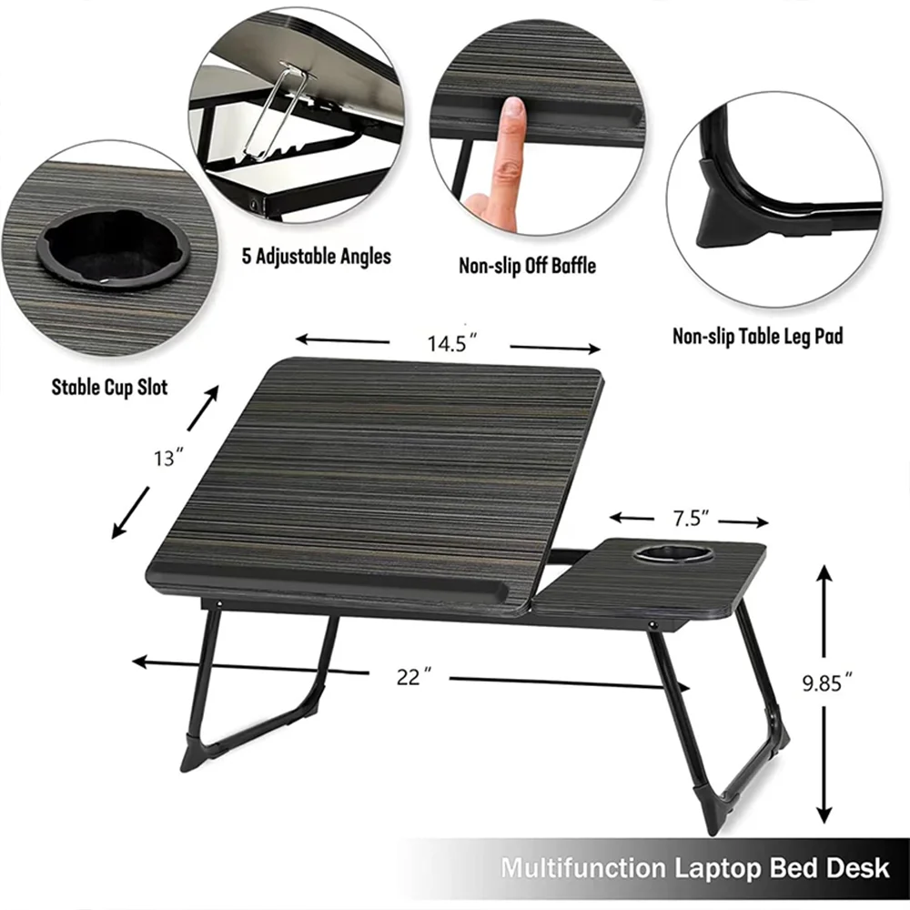 Bureau pliable réglable pour ordinateur portable, table de lit, support pour ordinateur portable, support de lecture avec porte-gobelet pour écrire, travailler sur le lit, le canapé