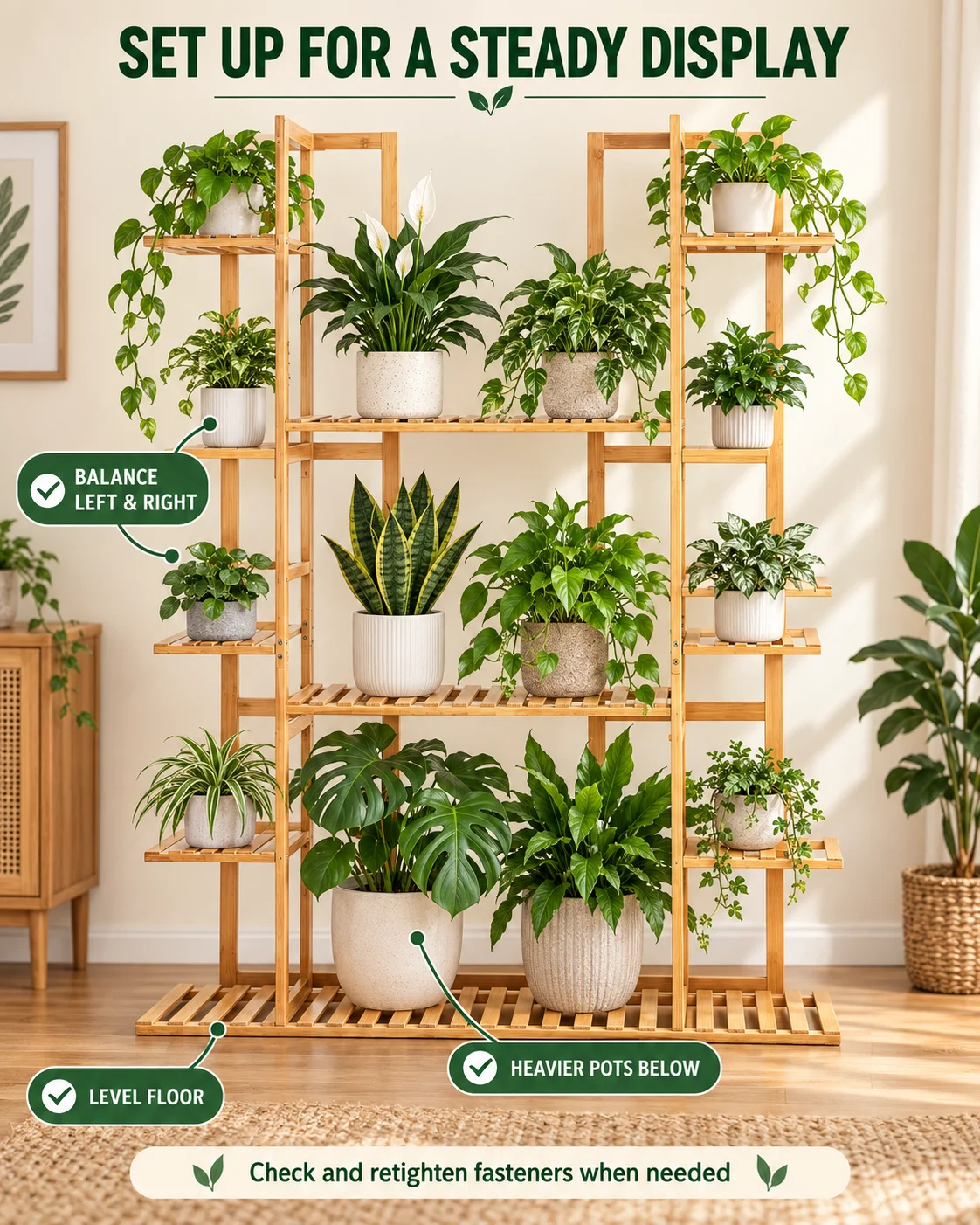 Multi-Tier Bamboo Plant Stand 48in Tall Wooden Flower Pot Display Shelf for Indoor Living Room Balcony Corner
