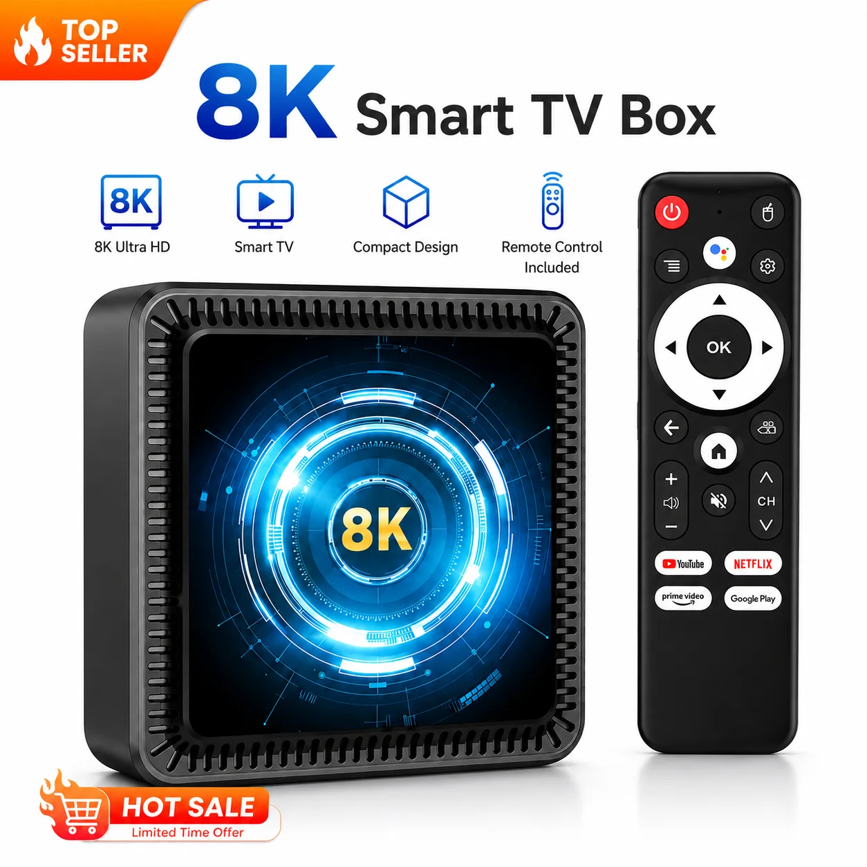 TV Box Android 8K, Smart TV Box 4K Ultra HD, Reproductor Multimedia WiFi, Set Top Box con Control Remoto para Cine en Casa, 4GB 64GB