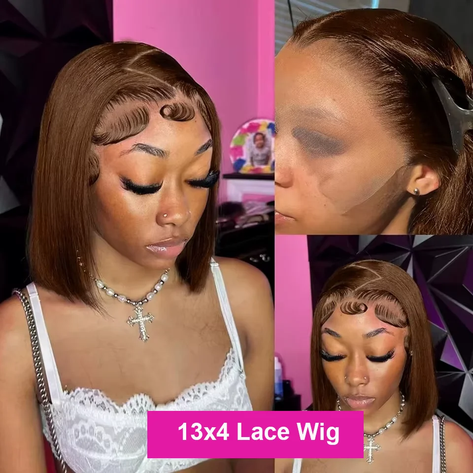 Chocolate Brown #4 Straight Bob Wigs 230% 13x4 Lace Frontal Human Hair Short Bob Transparent Lace Front Virgin Wigs For Women