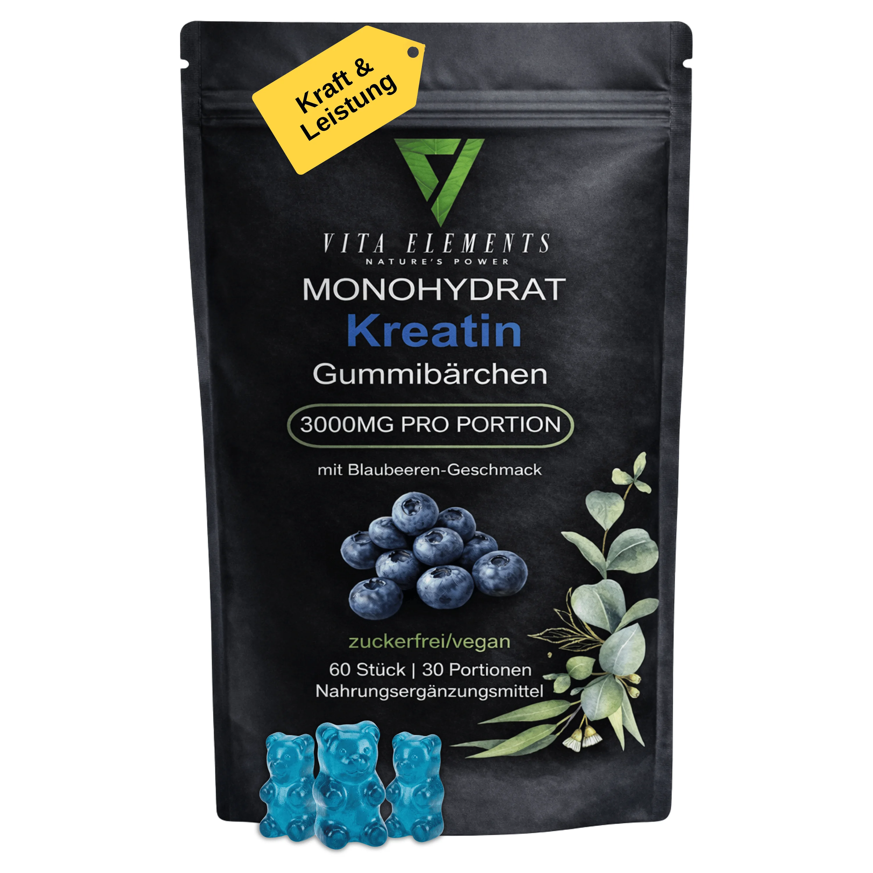 Bonbons gélifiés à la créatine monohydrate |   Testé en laboratoire en Allemagne |   Compléments alimentaires |   Ingénierie génétique gratuite |   3000 mg par portion |   Végétalien |   Saveur de myrtille |   60 oursons gommeux