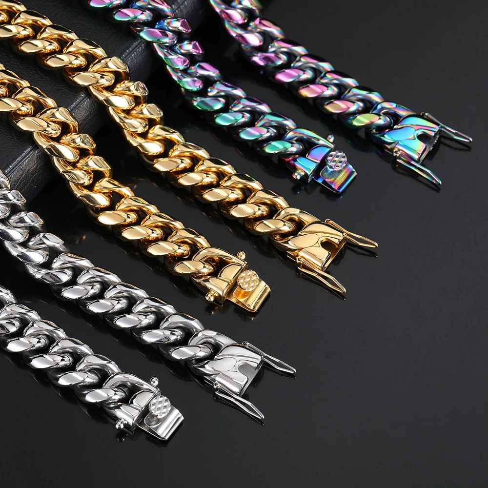6/8/10/12/14/16MM Hip Hop Jewelry PVD Plated Miami Stainless Steel Cuban Link Chain Men Dragon Lock Clasp Necklace