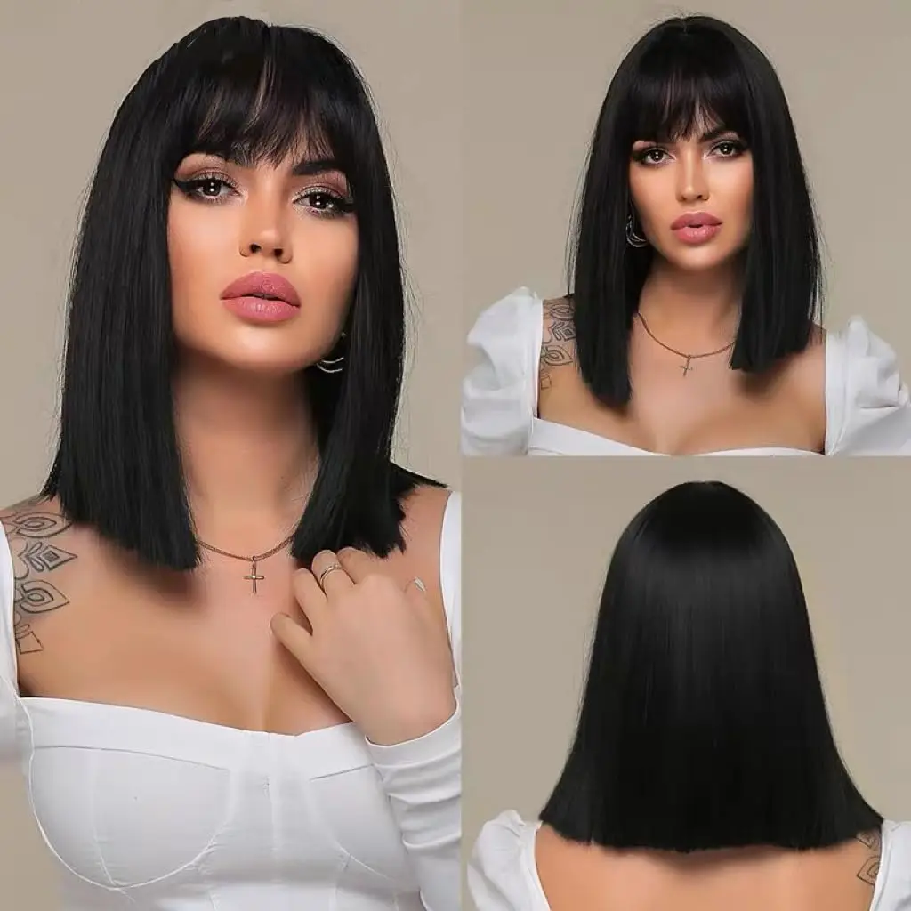 

Natural Black Short Bob Wig with Bangs Human Hair 14inch 150% Density Straight Bang Bob Wig For Womem Hair Replacement Wigs