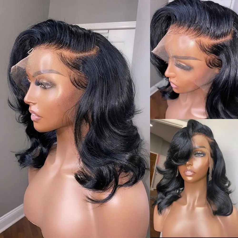 Black Body Wave 250 Density Transparent Short Bob 13x4 Lace Front Human Hair Wigs Pre Plucked Remy Lace Frontal Wig For Women