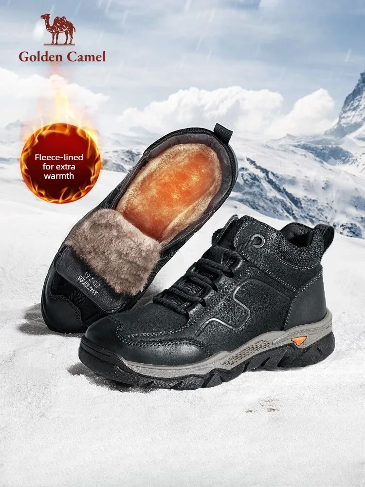 GOLDEN CAMEL Men's High-top Snow Boots Winter Plus Velvet Warm Retro Cow Leather Trendy Casual Cotton Shoes for Men Waterproof