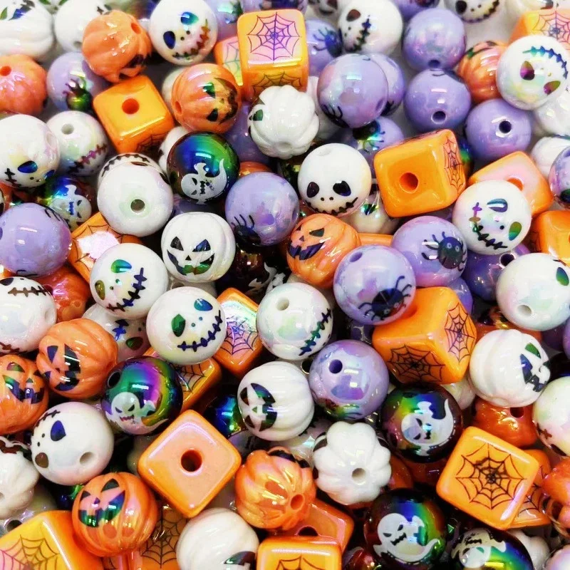 12 Stück Acryl perlen Halloween-Druck UV-Beschichtung gerade Loch runde Perlen DIY Perle Stift Telefon kette Schlüssel bund Zubehör