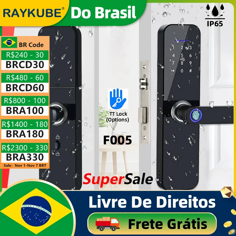 Do Brasil RAYKUBE F005 IP65 Waterproof TT Lock Electronic Smart Door Lock With Fingerprint/Card/Password/APP Unlock