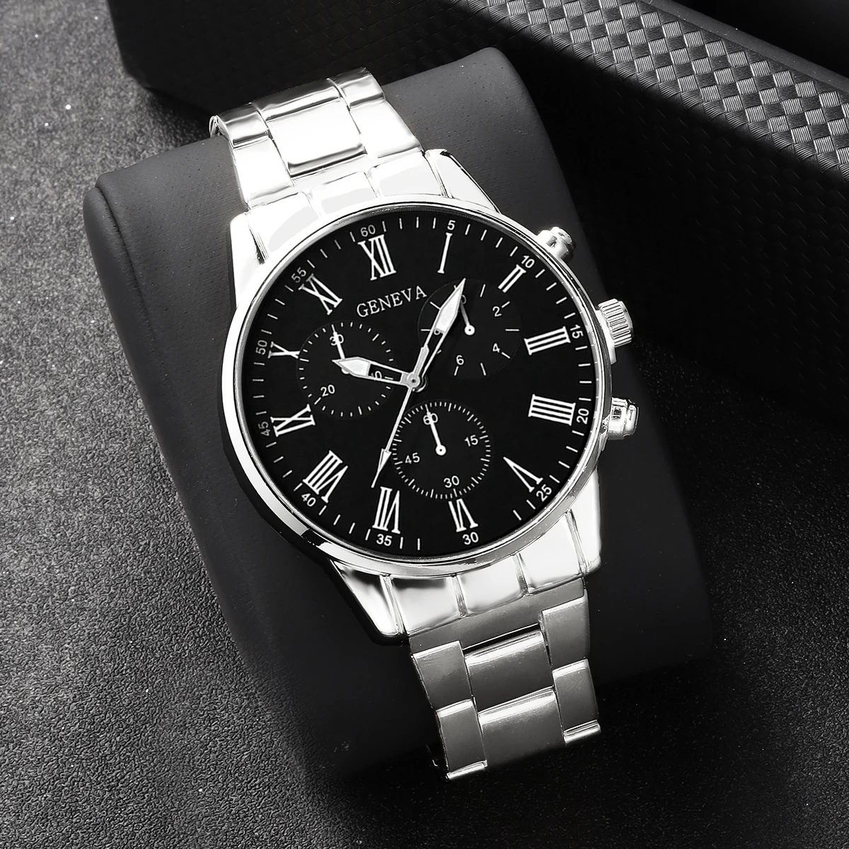 4-Piece Set of Silver Men's Watches, Business Trendy Fashion Roman Numeral Dial Quartz Watch, Bracelet, Necklace, and Ring Set, Perfect - view 5