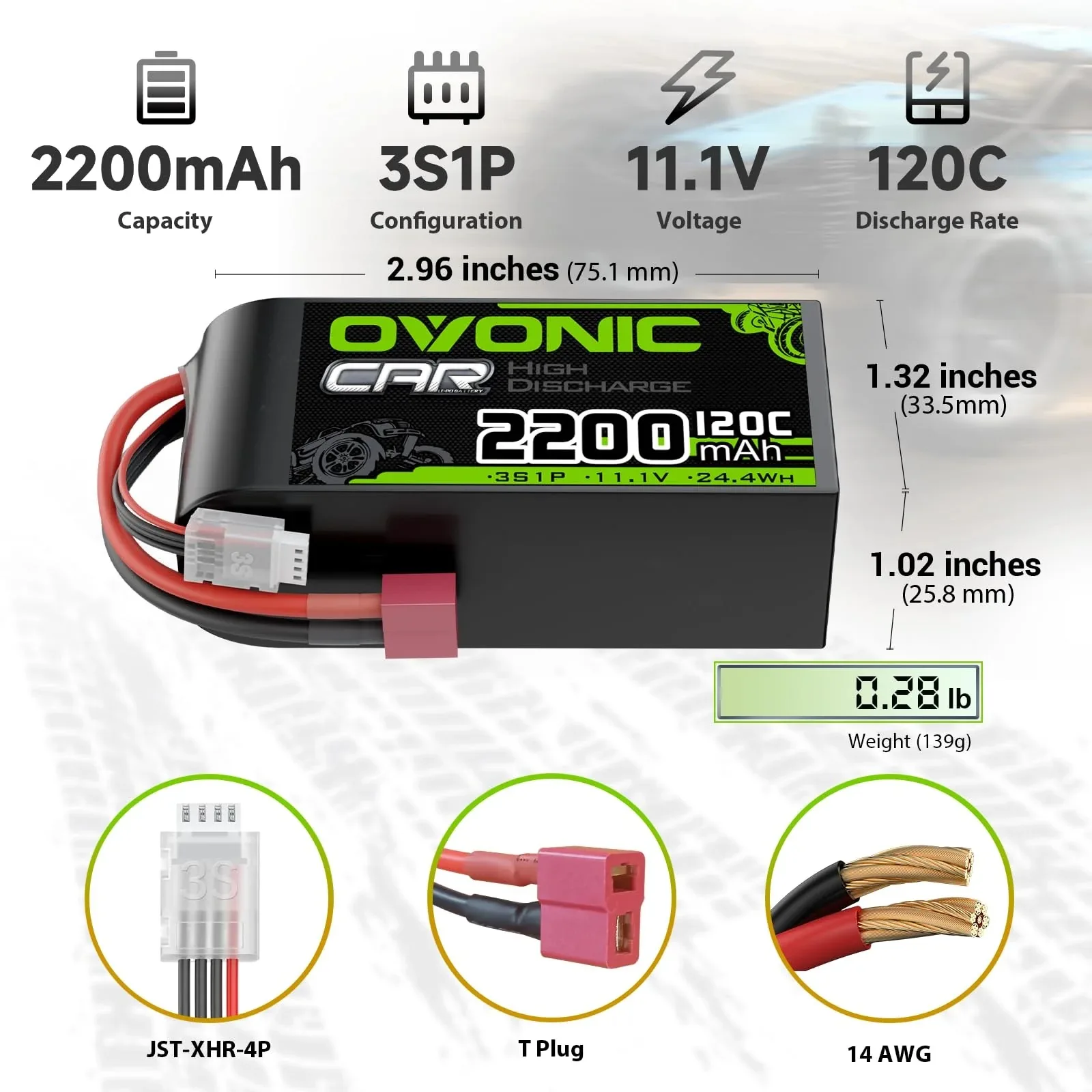 OVONIC 3S Short LiPo Battery 11.1V 2200mAh 120C for 1/10 Scale RC Car Off-Road Truck Airplane Helicopter with Deans-T Plug And Voltage Checker
