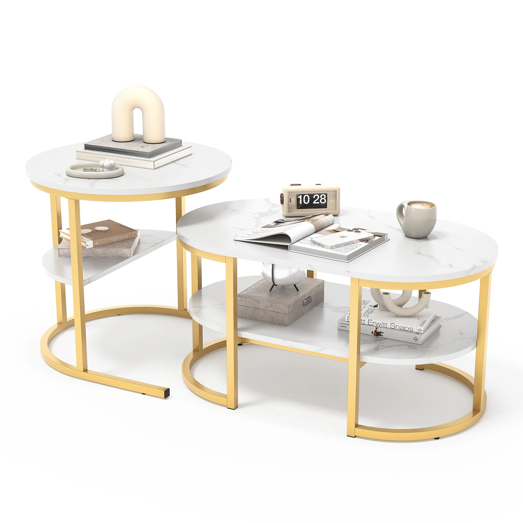 Anajqaqia, 2-teiliges Couchtisch-Set, zweistufiger Aufbewahrungscouchtisch, Sofa-Beistelltisch, ineinander steckbare Couchtische, Couchtisch für die Heimunterhaltung, ovaler Wohnzimmer-Couchtisch –