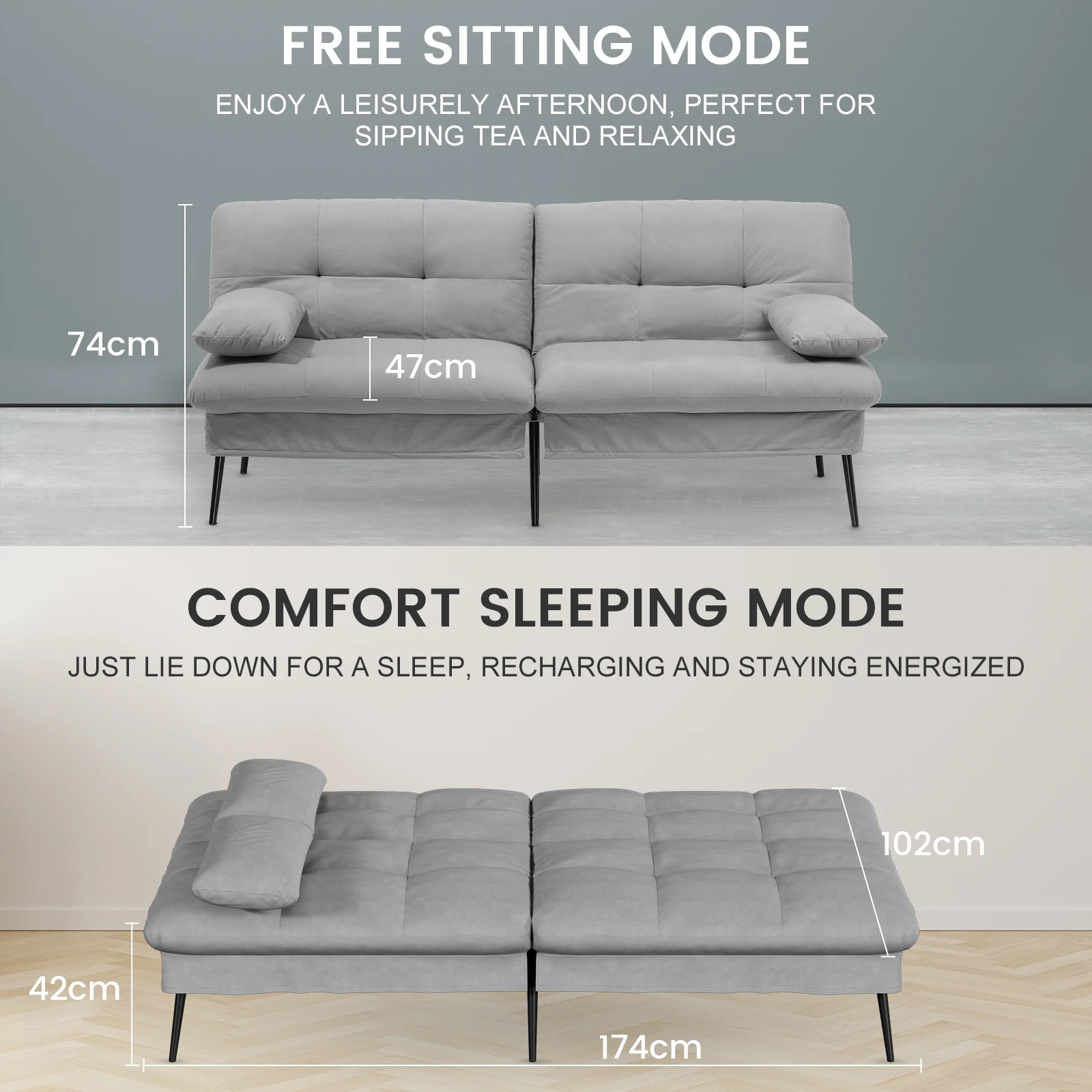 COMHOMA Schlafsofa mit Schlaffunktion, Futonbezug ausklappbar, Ecksofa, Gästesofa 3-Sitzer mit Verstellbarer Rückenlehne, Stoff – Detail 10