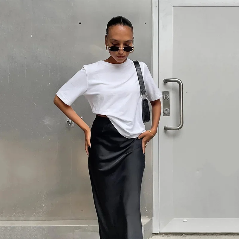Jupe trompent en satin noir pour femme, élégante, taille haute, mince, couleur unie, longue, bureau, printemps, été, mode, 2024