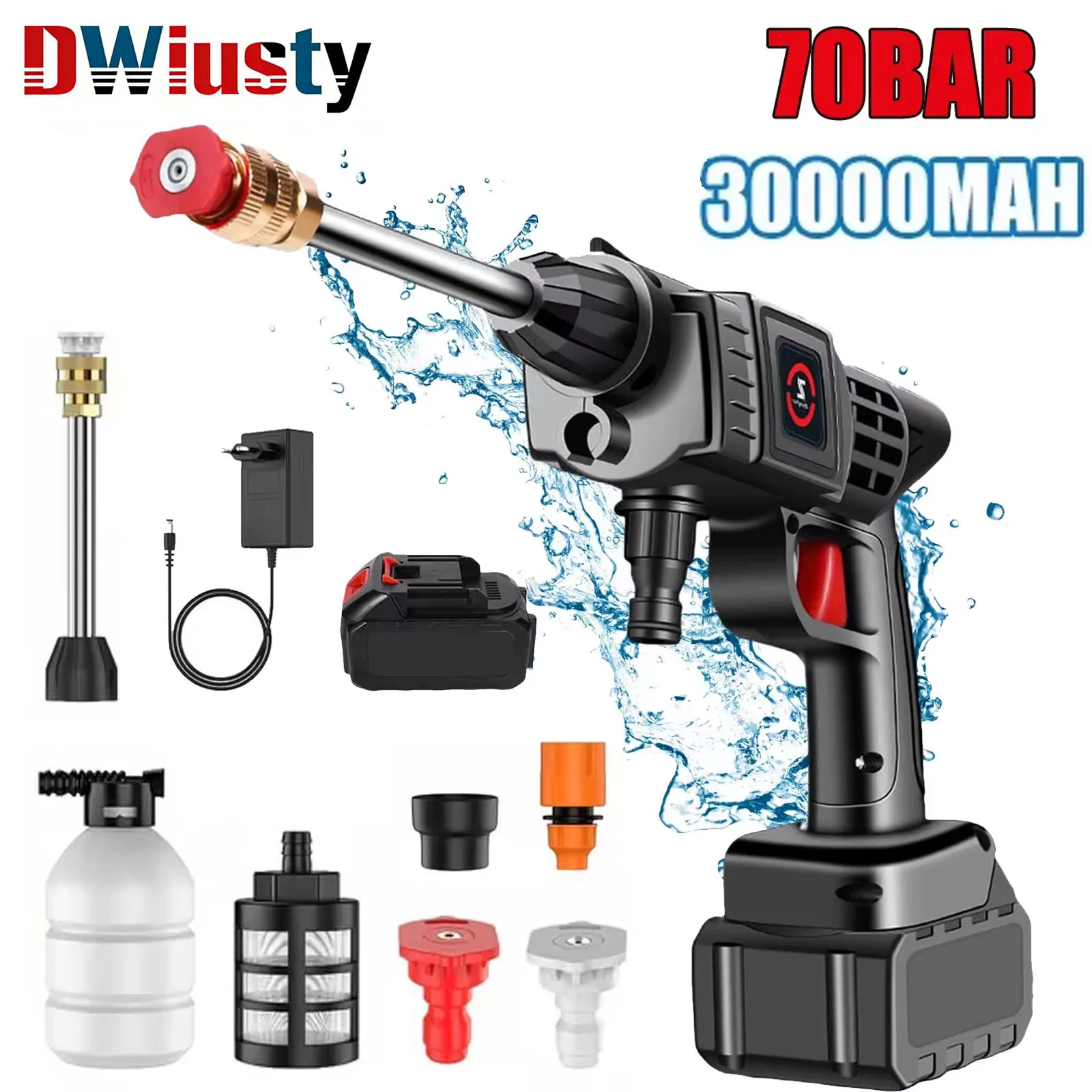 Pistola per lavatrice per auto 70Bar Batteria da 30000 mAh Produttore di schiuma ad alta pressione senza fili Pistola ad acqua per auto senza fili per la pulizia automatica del giardino domestico