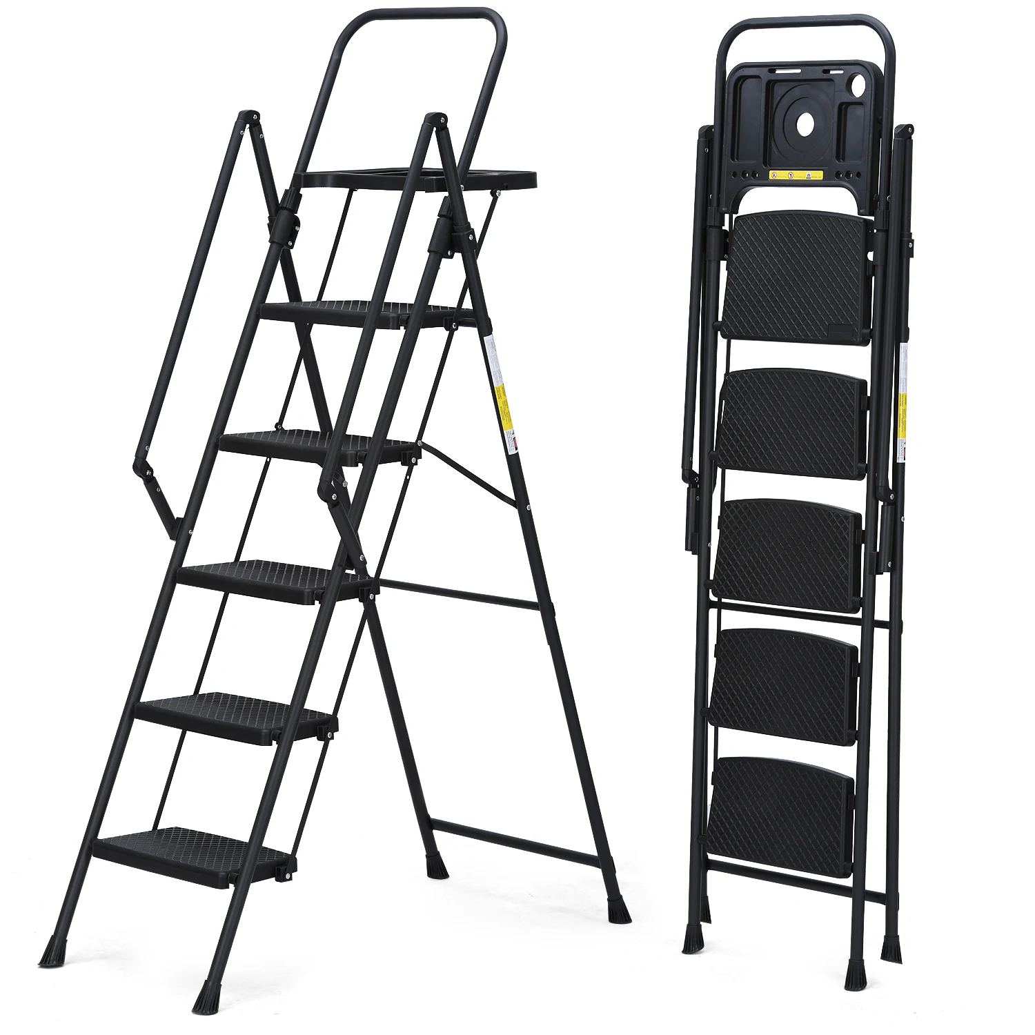 Escabeau pliable en acier léger et portable à 5 marches, marches larges antidérapantes, mains courantes pratiques et plateau à outils, échelle domestique robuste