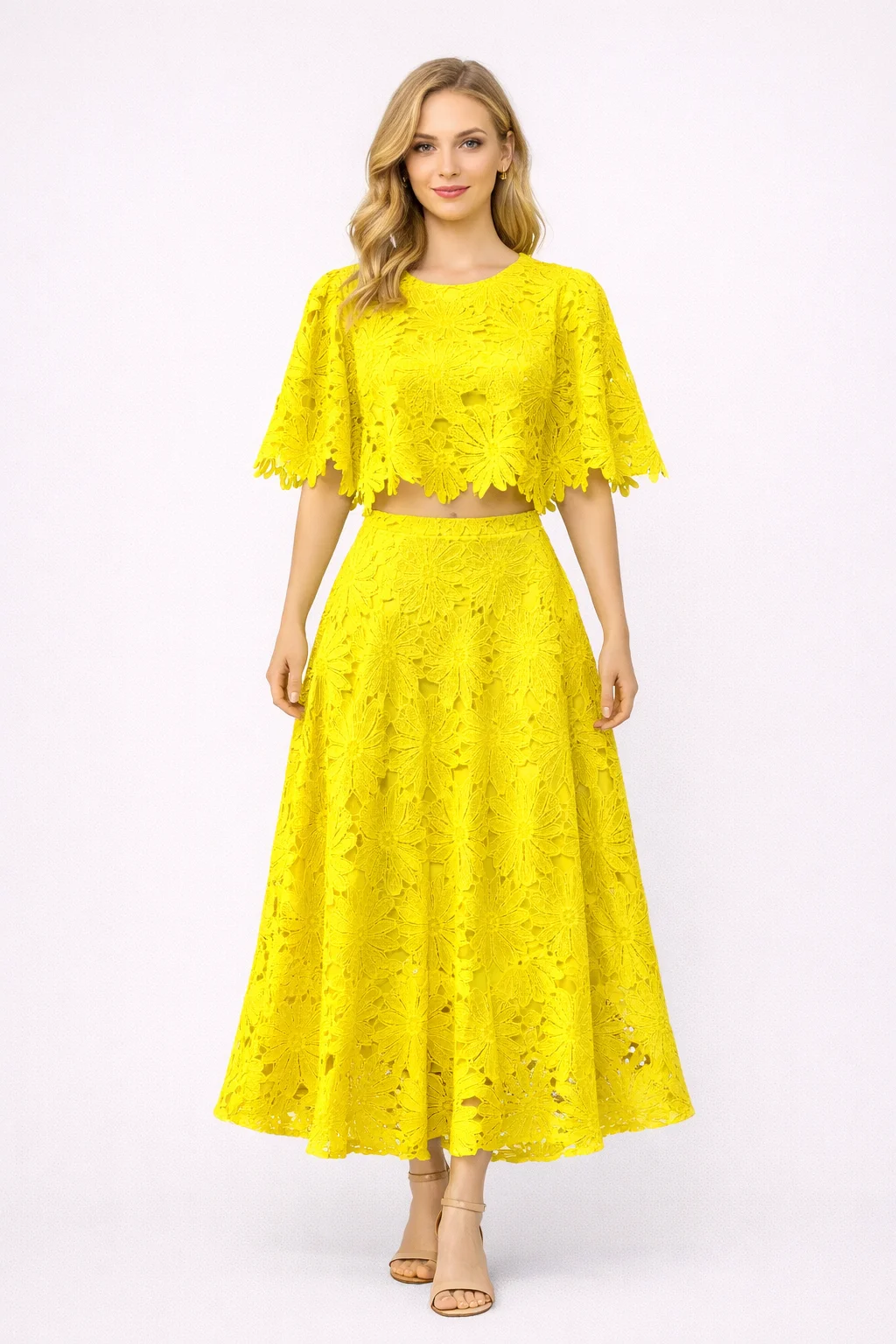 

Summer Autumn Hollow Out Elegant 2 Piece Set Women Crochet Embroidery Prom Long Dress Suits Crop Top Skirts Suits Evening Party