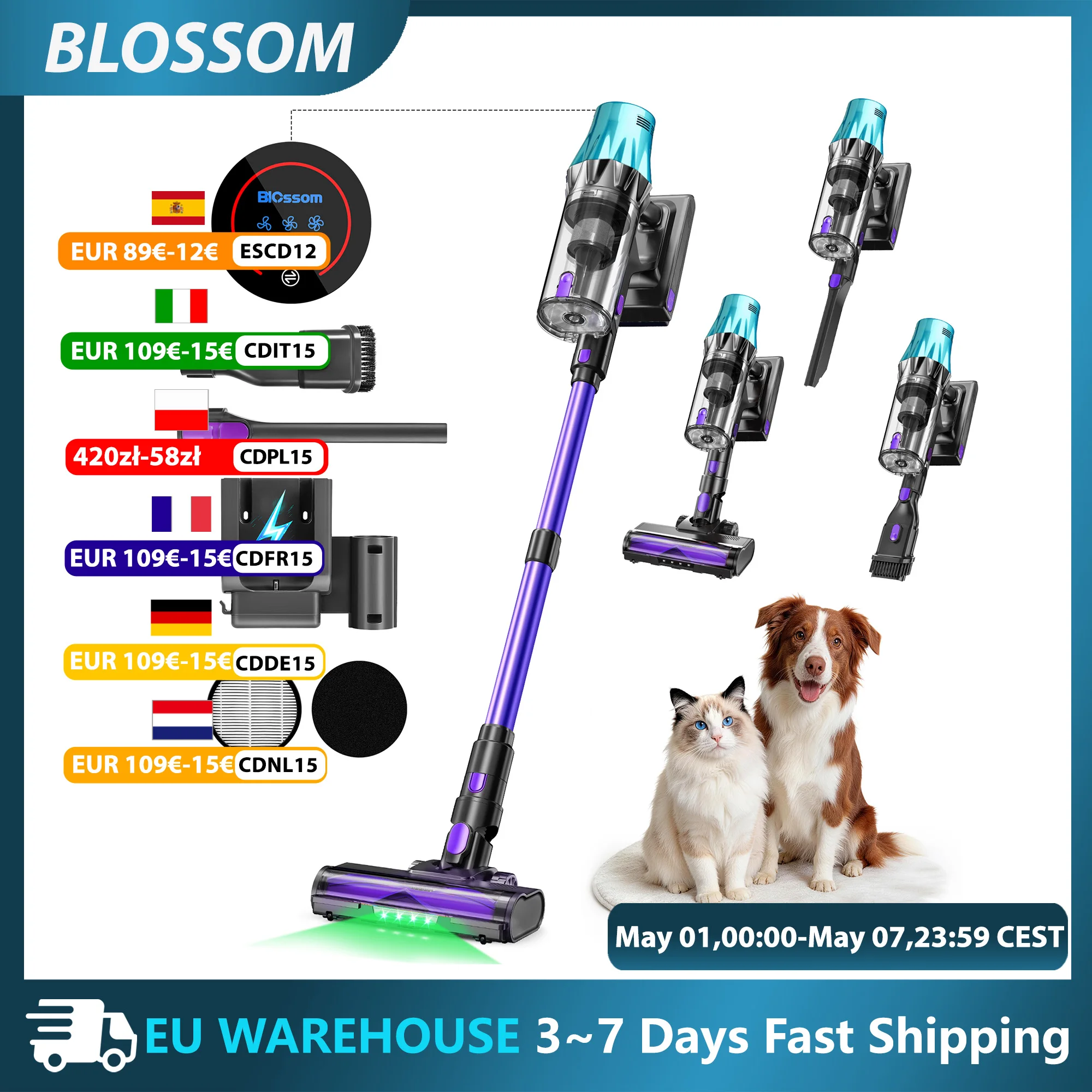 Aspirateur sans fil Blossom V20, moteur sans balais 650W, aspiration puissante 55KPa, autonomie 65 min, lumière LED verte, pour poils d'animaux, sols durs et tapis