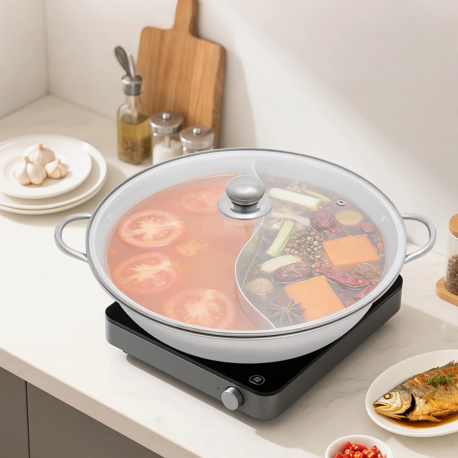 Pentola per Hot Pot in Acciaio Inox con Divisorio, Pentola per Shabu Shabu con Coperchio in Vetro, Set per Hot Pot, per Riunioni e Cucina Quotidiana