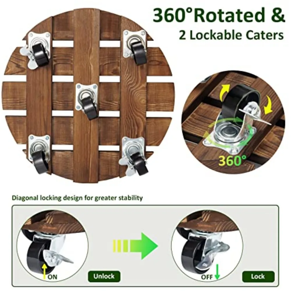 2Pack 12'' Wood Plant Caddy Rolling Plant Stand with 2 Lockable 360° Caster Wheels Indoor Outdoor Patio Flower Pot Succulent Pots Duty