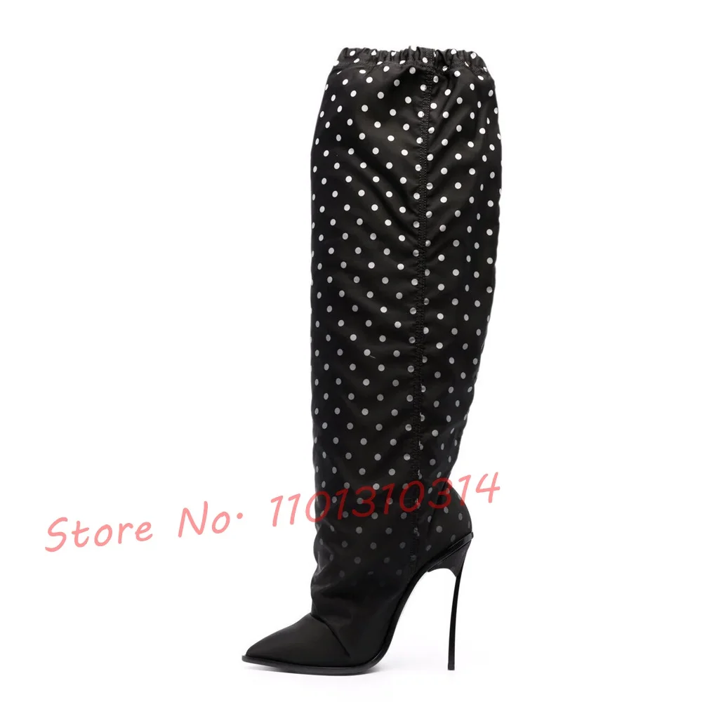 

Polka-Dot Print Steel Blade Heel Boots For Women Splicing Black Loose Long Boots Female Trend Elastic Band Pointy Luxury Shoes