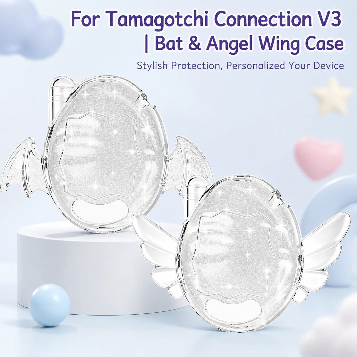 Funda protectora para Tamagotchi Connection V3 Bat & Angel Wing, cubierta completa transparente con purpurina, a prueba de golpes, resistente al agua