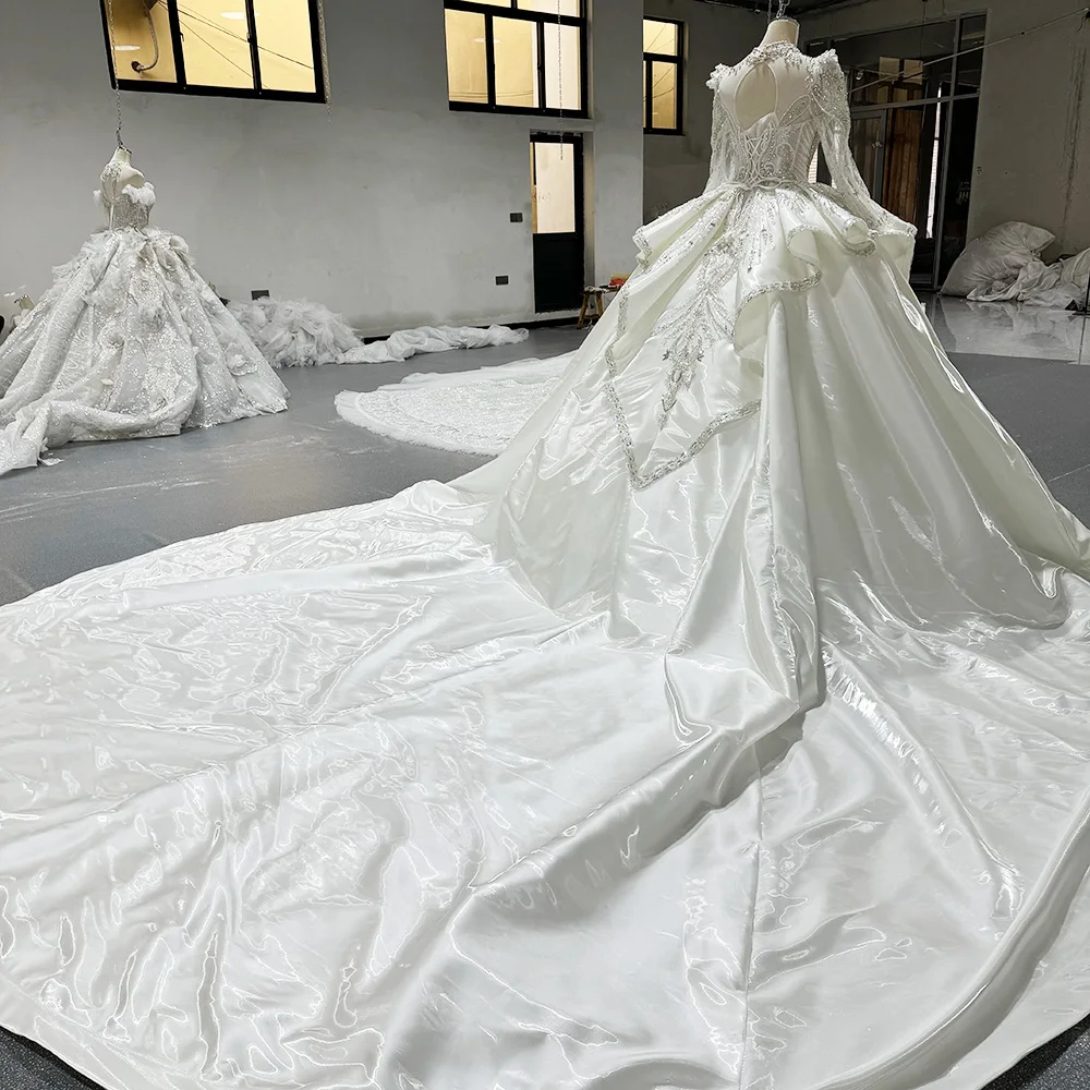 Vestido de novia de cuello alto con cuentas de encaje vestido de bola de cristal de encaje para mujer vestidos de novia largos de satén 2025