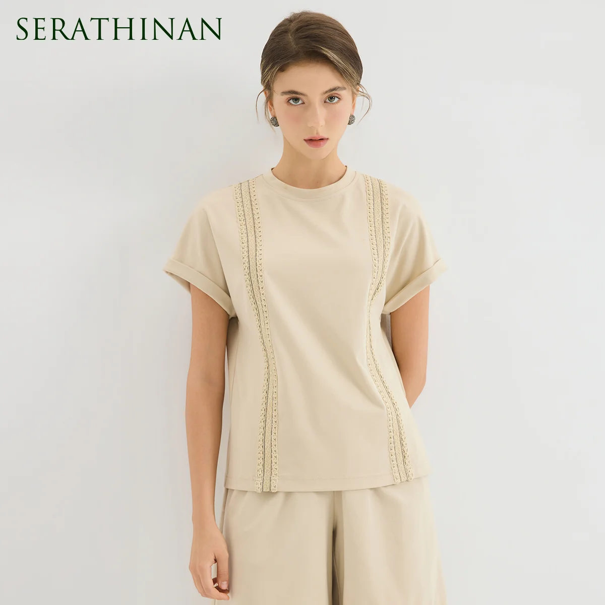 

KX9613811 High Quality Modal Cotton Top Female Luxury Eyelet Rolled Sleeve Classic Blouses Summer T Shirts
