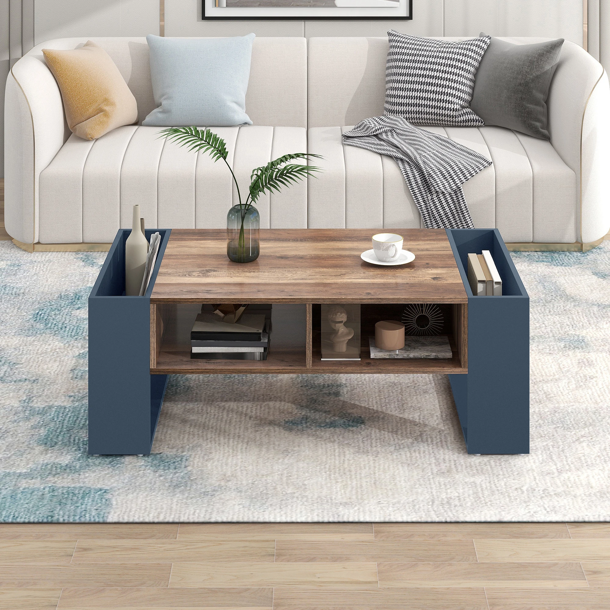 Aufbewahrungs-Couchtisch mit Schublade & Seitenfächern Moderner Multifunktionaler Sofa-Beistelltisch Holzmaserung Wohnzimmer-Organizer