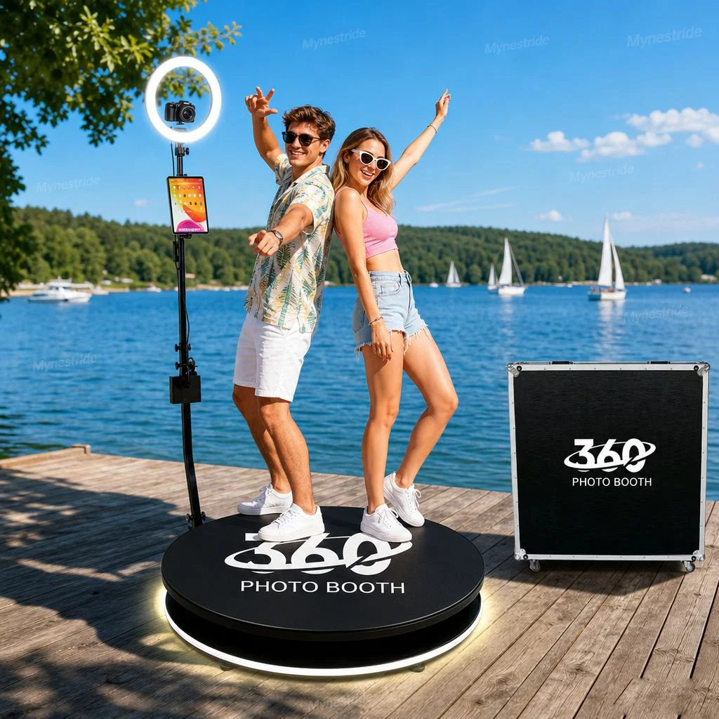 360-Grad-Fotobox-Maschine für Slow-Motion-Videos in den sozialen Medien, schnell aufzubauende rotierende Selfie-Plattform, kompatibel mit Smartphone und iPad.