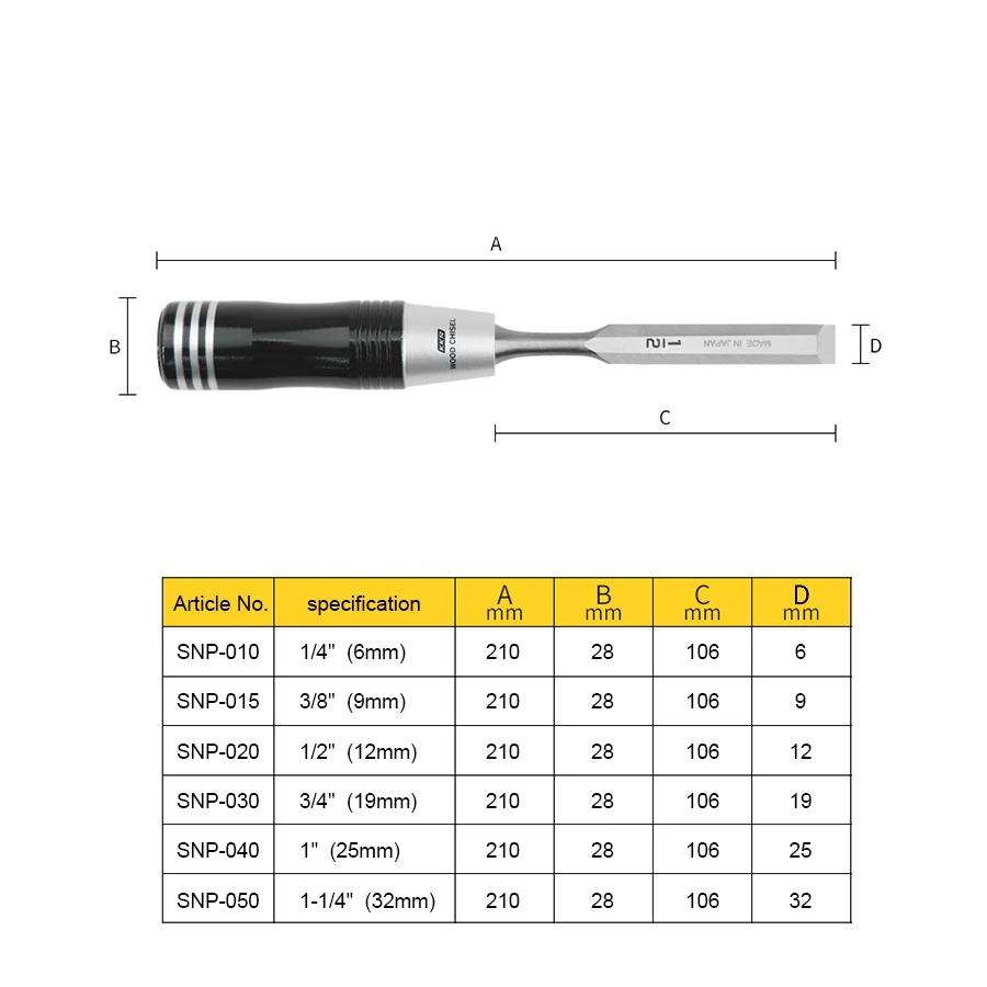 KAKURI SNP-6S Japan Wood Chisel Set 6Pcs Carving Knife with Storage Bag for Woodworking Processing and Engraving